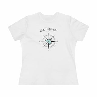 Adventures Await Women's Premium Tee in White. The front of shirt features the Adventures Await design with a dog inside a nautical compass and the words "Adventures Await" above it. The back of the shirt has similar Benefit Beagle Logo.