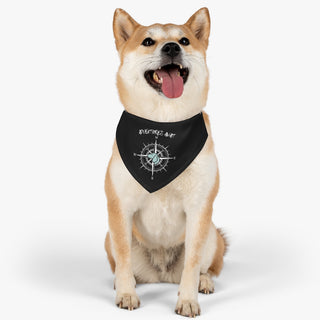 Dog wearing Adventures Await Dog Collar Bandana in Black. The Adventures Await design features a nautical compass with the profile of a dog in the center. Comes with adjustable black collar.