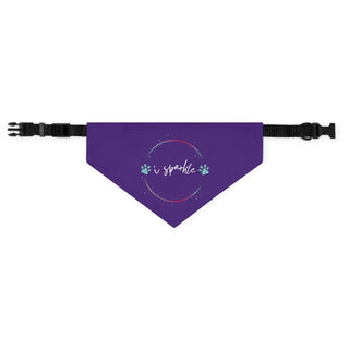 Dog Hair is my Glitter Dog Collar Bandana in Purple. The Dog Hair is my Glitter design features the phrase "I sparkle" inside a circle with paw prints. Comes with black adjustable collar.