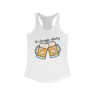 Beagle-Thirty Mugs Women's Racerback Tank in White. The front of shirt showcases Two Dog Adorned Mugs clinking with the saying, "It's Beagle-Thirty" above it. Back of shirt features corresponding Benefit Beagle Logo.