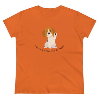 Easily Distracted Women's Midweight Cotton Tee in Orange. Shown is front design featuring a dog waving with the saying "Easily Distracted by Dogs" below it. The back of shirt has the classic Benefit Beagle Logo.