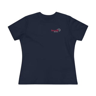 Different Pawspective Women's Premium Tee in Navy. Shown is front of shirt with Benefit Beagle logo in the top corner . On the back is large colorful pawprint with the the phrase "Life is all about finding the beauty in a different pawspective" circled around it.