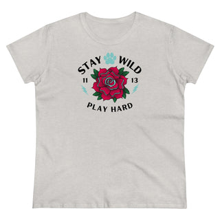 Stay Wild Women's Midweight Cotton Tee in Ash. Shown is front of Stay Wild Design features a tattoo style rose with the phrase "Stay Wild, Play Hard" around it. The back of shirt features the Stay Wild Benefit Beagle Logo Design.