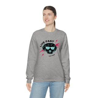 Play Hard Unisex Heavy Blend Crewneck Sweatshirt in Sport Grey. The design features a cool dog with sunglasses and lightening bolts around it. The phrase "Live Fast, Play Hard" is around the design.