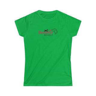 Meow Women's Softstyle Tee in Irish Green. Shown is front of shirt with the Benefit Beagle Logo featuring a peeping cat. The back showcases a wide eyed black cartoon cat with the phrase "Chatty Cat" above it.