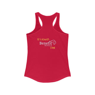 Beagle-Thirty Mugs Women's Racerback Tank in Red. Shown is back of shirt featuring "Beagle-Thirty" Benefit Beagle Logo. The front Showcases Two Dog Adorned Mugs clinking with, "It's Beagle-Thirty" written above it.