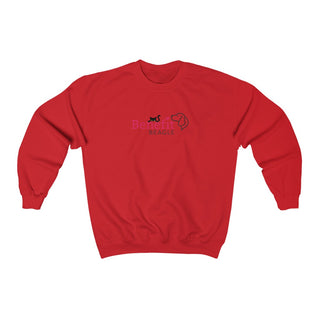 Meow Unisex Crewneck Sweatshirt in Red. Shown is front of shirt with the Benefit Beagle Logo featuring a peeping cat. The back showcases a wide eyed black cartoon cat with the phrase "Chatty Cat" above it.