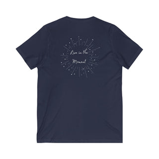 Live in the Moment V-Neck Tee in Navy. The Live in the Moment design features a graphic on the back with the phrase "Live in the Moment" surrounded by shooting stars.