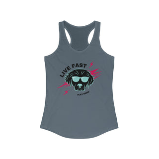 Play Hard Women's Ideal Racerback Tank in Indigo. The design features a cool dog with sunglasses and lightening bolts around it. The phrase "Live Fast, Play Hard" is around the design.