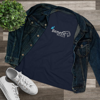 Lincoln Butterfly Women's Premium Tee in Navy. Shown is the front of shirt with Benefit Beagle Logo kissed by butterfly. The back of shirt showcases profile of a dog with a blue butterfly on its nose and the phrase "Kindness is Strength" next to it.