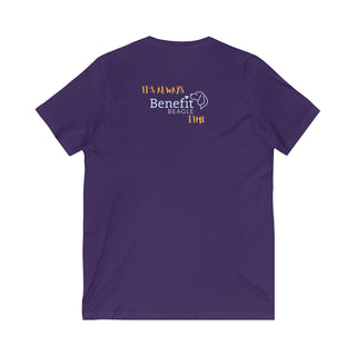 Beagle-Thirty Mugs Unisex Jersey Short Sleeve V-Neck Tee in Team Purple. Shown is back of shirt featuring "Beagle-Thirty" Benefit Beagle Logo. The front Showcases Two Dog Adorned Mugs clinking with, "It's Beagle- Thirty" written above it.