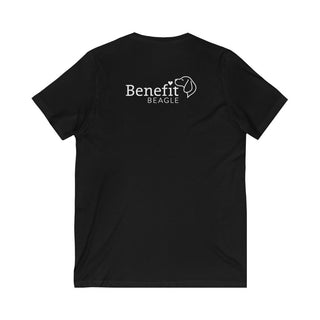 Signature Tattoo Flowers Unisex Jersey Short Sleeve V-Neck Tee in Black. Shown is back of shirt with the Benefit Beagle Logo. Front of shirt has the Signature Tattoo Flowers design featuring a dog with flowers around it and the phrase "Beagletude" and "Nothing is Impawssible".