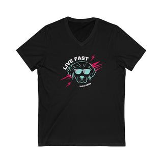 Play Hard Unisex Jersey Short Sleeve V-Neck Tee Shirt in Black. The design features a cool dog with sunglasses and lightening bolts around it. The phrase "Live Fast, Play Hard" is around the design.