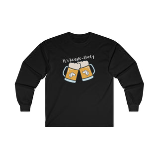 Beagle-Thirty Mugs Unisex Ultra Cotton Long Sleeve Tee in Black. The front of shirt showcases Two Dog Adorned Mugs clinking with the saying, "It's Beagle-Thirty" above it. Back of shirt features corresponding Benefit Beagle Logo.