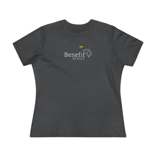 Bee Pawsitive Women's Premium Tee shirt in Asphalt. The front of shirt features the Bee Pawsitive Benefit Beagle Logo. The back of shirt showcases a dog dressed as a bee in a field of sunflowers with "Bee Pawsitive" written above.