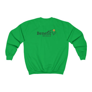 You are my Sunshine Unisex Crewneck Sweatshirt in Irish Green. Shown is back of shirt featuring the Sunflower Benefit Beagle Logo. The front showcases a sunflower which is split down the middle and half is made out of paw prints. Underneath is the phrase "You are my Sunshine".