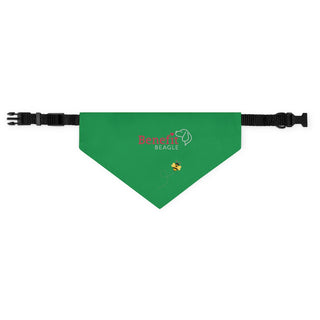 Bee Pawsitive Dog Collar Bandana in Green. The Bee Pawsitive design features the Benefit Beagle logo with a bumble bee flying under it. Comes with adjustable black collar.