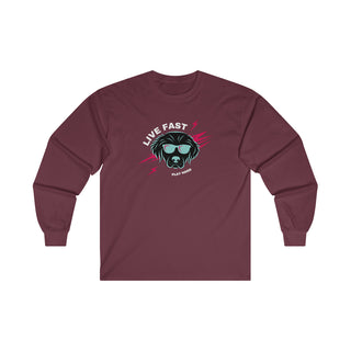 Play Hard Ultra Long Sleeve Tee in Maroon. The design features a cool dog with sunglasses and lightening bolts around it. The phrase "Live Fast, Play Hard" is around the design.