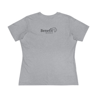 Signature Tattoo Flowers Women's Premium Tee in Athletic Heather. Shown is back of shirt with the Benefit Beagle Logo. Front of shirt has the Signature Tattoo Flowers design featuring a dog with flowers around it and the phrase "Beagletude" and "Nothing is Impawssible".