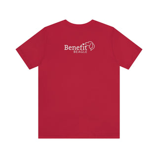 Easily Distracted Unisex Jersey Short Sleeve Tee in Red. Shown is back design with the classic Benefit Beagle Logo.  The front design features a dog waving with the saying "Easily Distracted by Dogs" below it. 