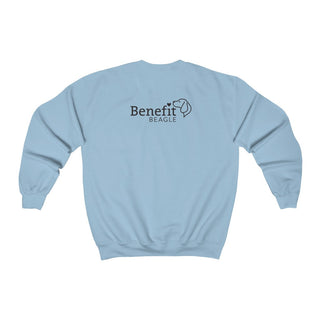 Signature Tattoo Flowers Crewneck Sweatshirt in Light Blue. Shown is back of shirt with the Benefit Beagle Logo. Front of shirt has the Signature Tattoo Flowers design featuring a dog with flowers around it and the phrase "Beagletude" and "Nothing is Impawssible".