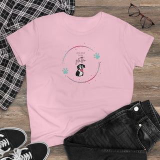 Dog Hair is my Glitter Women's Midweight Cotton Tee in Pink. The Dog Hair is my Glitter design features a dog with the phrase "Dog Hair is my Glitter" above it and it is surrounded by a circle with paw prints.