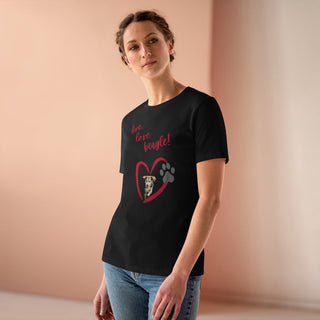 Live, Love, Beagle Women's Premium Tee in Black. The Live, Love, Beagle design features a dog running through a heart with the phrase "Live, Love, Beagle!" above it.