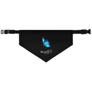 Lincoln Butterfly Dog Collar Bandana in Black. The Lincoln Butterfly design features the Benefit Beagle logo with a blue butterfly above it. Comes with adjustable black collar.