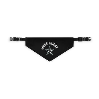 Brightest Star Pet Bandana Collar in Black. The Brightest Star design features the phrase "Shine Bright" with a nautical star. Comes with adjustable black collar.