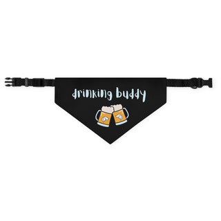 Beagle-Thirty Mugs Dog Collar Bandana in Black. The Beagle-Thirty Mugs design features two dog adorned mugs clinking with the saying "Drinking buddy" above it. Comes with adjustable black collar.