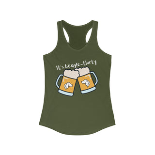 Beagle-Thirty Mugs Women's Racerback Tank in Military Green. The front of shirt showcases Two Dog Adorned Mugs clinking with the saying, "It's Beagle-Thirty" above it. Back of shirt features corresponding Benefit Beagle Logo.