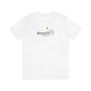 Bee Pawsitive Unisex Jersey Short Sleeve Tee in White. The front of shirt features the Bee Pawsitive Benefit Beagle Logo. The back of shirt showcases a dog dressed as a bee in a field of sunflowers with "Bee Pawsitive" written above.