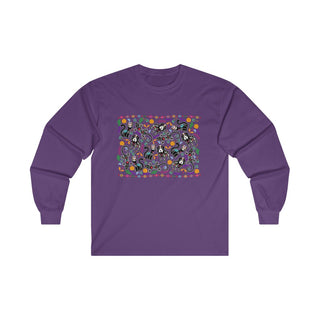 Dia De Los Muertos Unisex Ultra Cotton Long Sleeve Tee Shirt in Purple. Shown is the front of shirt featuring print of dogs and cats with Dia de los Muertos traditional decorations. On the back is a similar Benefit Beagle Logo.