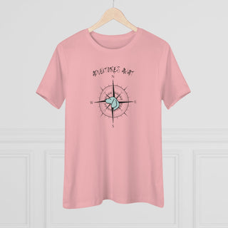 Adventures Await Women's Premium Tee in Pink. The front of shirt features the Adventures Await design with a dog inside a nautical compass and the words "Adventures Await" above it. The back of the shirt has similar Benefit Beagle Logo.