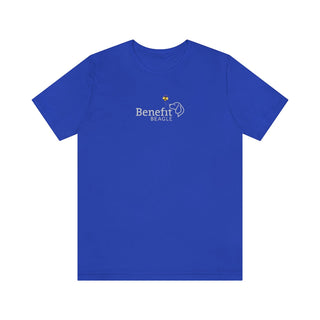 Bee Pawsitive Unisex Jersey Short Sleeve Tee in True Royal. The front of shirt features the Bee Pawsitive Benefit Beagle Logo. The back of shirt showcases a dog dressed as a bee in a field of sunflowers with "Bee Pawsitive" written above.