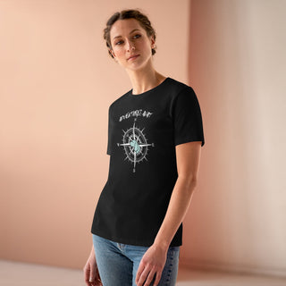 Adventures Await Women's Premium Tee in Black. The front of shirt features the Adventures Await design with a dog inside a nautical compass and the words "Adventures Await" above it. The back of the shirt has similar Benefit Beagle Logo.