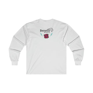 Stay Wild Ultra Cotton Long Sleeve Tee in White.   Shown is the back of shirt with Benefit Beagle Logo complete with Tattoo Rose. On front of shirt is Stay Wild Design featuring a tattoo style rose with the phrase "Stay Wild, Play Hard" around it.