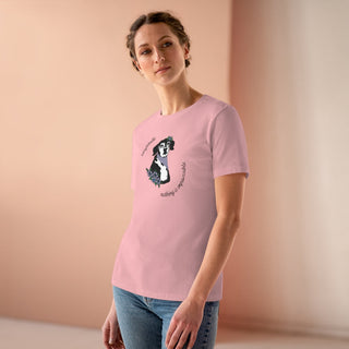 Signature Tattoo Flowers Women's Premium Tee in Pink. The Signature Tattoo Flowers design features a dog with flowers around it and the phrase "Beagletude Nothing is Impossible."