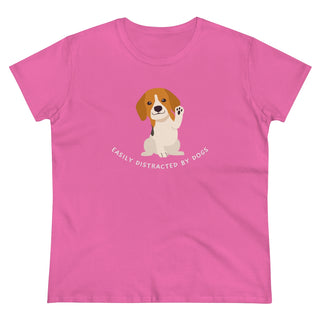 Easily Distracted Women's Midweight Cotton Tee in Azalea. Shown is front design featuring a dog waving with the saying "Easily Distracted by Dogs" below it. The back of shirt has the classic Benefit Beagle Logo.