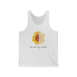 You are my Sunshine Unisex Jersey Tank in White. Shown is the front showcasing a sunflower which is split down the middle and half is made out of paw prints. Underneath is the phrase "You are my Sunshine" . Back of shirt features the Sunflower Benefit Beagle Logo.