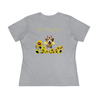 Bee Pawsitive Women's Premium Tee in Athletic Heather. Shown is back of shirt showcasing a dog dressed as as bee in a a field of sunflowers with the phrase "Bee Pawsitive!" above it. The front features the Bee Pawsitive Benefit Beagle Logo.