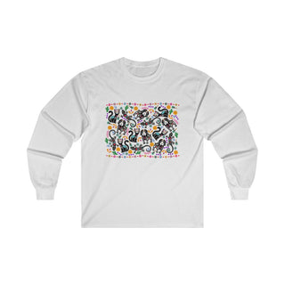 Dia De Los Muertos Unisex Ultra Cotton Long Sleeve Tee Shirt in White. Shown is the front of shirt featuring print of dogs and cats with Dia de los Muertos traditional decorations. On the back is a similar Benefit Beagle Logo.