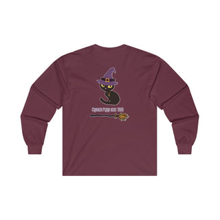 Witchy Cat Unisex Ultra Cotton Long Sleeve Tee. Back side shown in Maroon with Wide Eyed Cartoon Cat wearing Purple Hat Standing over Broom. "Crossing Paths Since 1692". On the front of shirt is similar Witchy Benefit Beagle Logo. Purrfect for Halloween, or anytime!