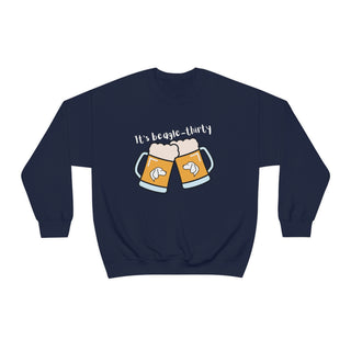 Beagle-Thirty Mugs Unisex Heavy Blend Crewneck Sweatshirt in Navy. The front of shirt showcases Two Dog Adorned Mugs clinking with the saying, "It's Beagle-Thirty" above it. Back of shirt features corresponding Benefit Beagle Logo.