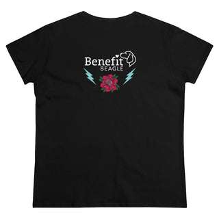 Stay Wild Women's Midweight Cotton Tee in Black. Shown is the back of shirt with Benefit Beagle Logo complete with Tattoo Rose. On front of shirt is Stay Wild Design featuring a tattoo style rose with the phrase "Stay Wild, Play Hard" around it.