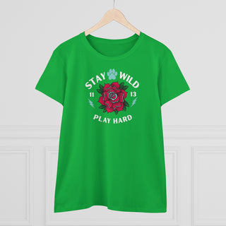 Stay Wild Women's Midweight Cotton Tee in Irish Green. Shown is front of Stay Wild Design features a tattoo style rose with the phrase "Stay Wild, Play Hard" around it. The back of shirt features the Stay Wild Benefit Beagle Logo Design.