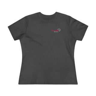 Different Pawspective Women's Premium Tee in Asphalt. Shown is front of shirt with Benefit Beagle logo in the top corner . On the back is large colorful pawprint with the the phrase "Life is all about finding the beauty in a different pawspective" circled around it.