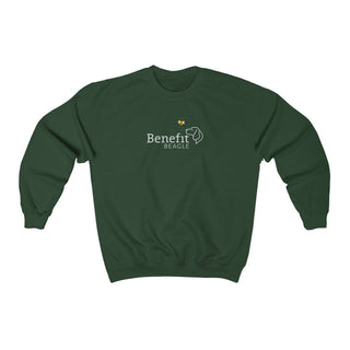 Bee Pawsitive Unisex Crewneck Sweatshirt in Forest Green. The front of shirt features the Bee Pawsitive Benefit Beagle Logo. The back of shirt showcases a dog dressed as a bee in a field of sunflowers with "Bee Pawsitive" written above.