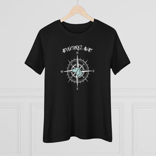 Adventures Await Women's Premium Tee in Black. The front of shirt features the Adventures Await design with a dog inside a nautical compass and the words "Adventures Await" above it. The back of the shirt has similar Benefit Beagle Logo.