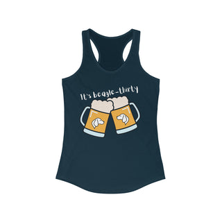 Beagle-Thirty Mugs Women's Racerback Tank in Midnight Navy. The front of shirt showcases Two Dog Adorned Mugs clinking with the saying, "It's Beagle-Thirty" above it. Back of shirt features corresponding Benefit Beagle Logo.